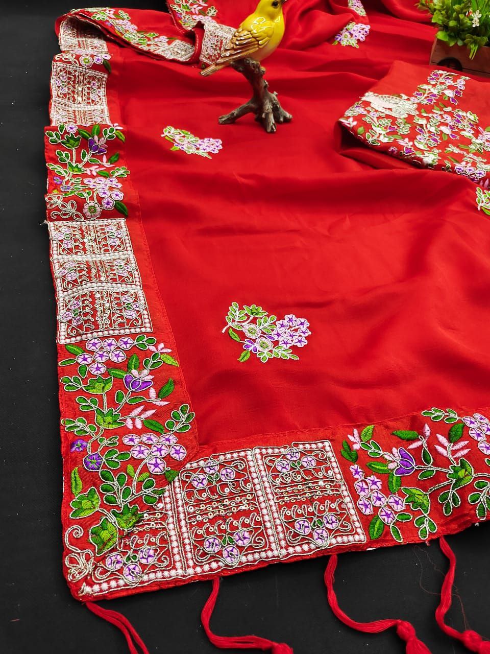 Red Rangoli Silk Embroidery WorK Saree With Blouse