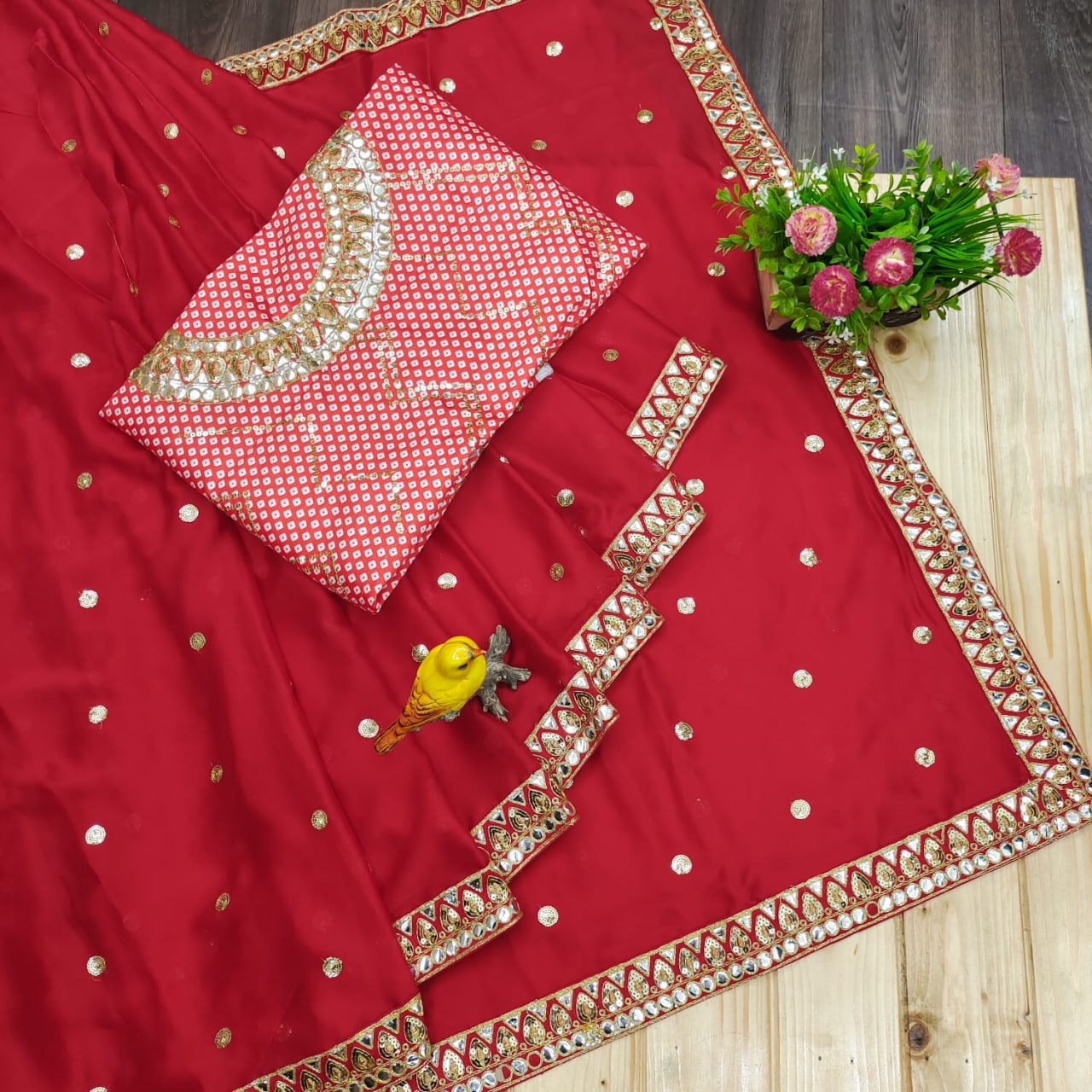 Red Saree In Rangoli Silk With Embroidery Work