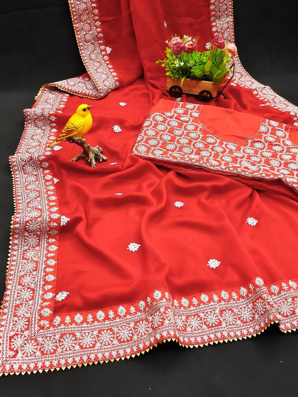 Red Saree In Rangoli Silk With Embroidery Work