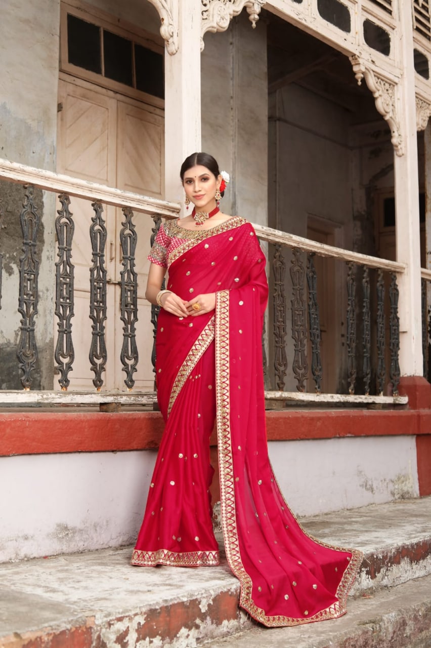 Red Saree In Rangoli Silk With Embroidery Work