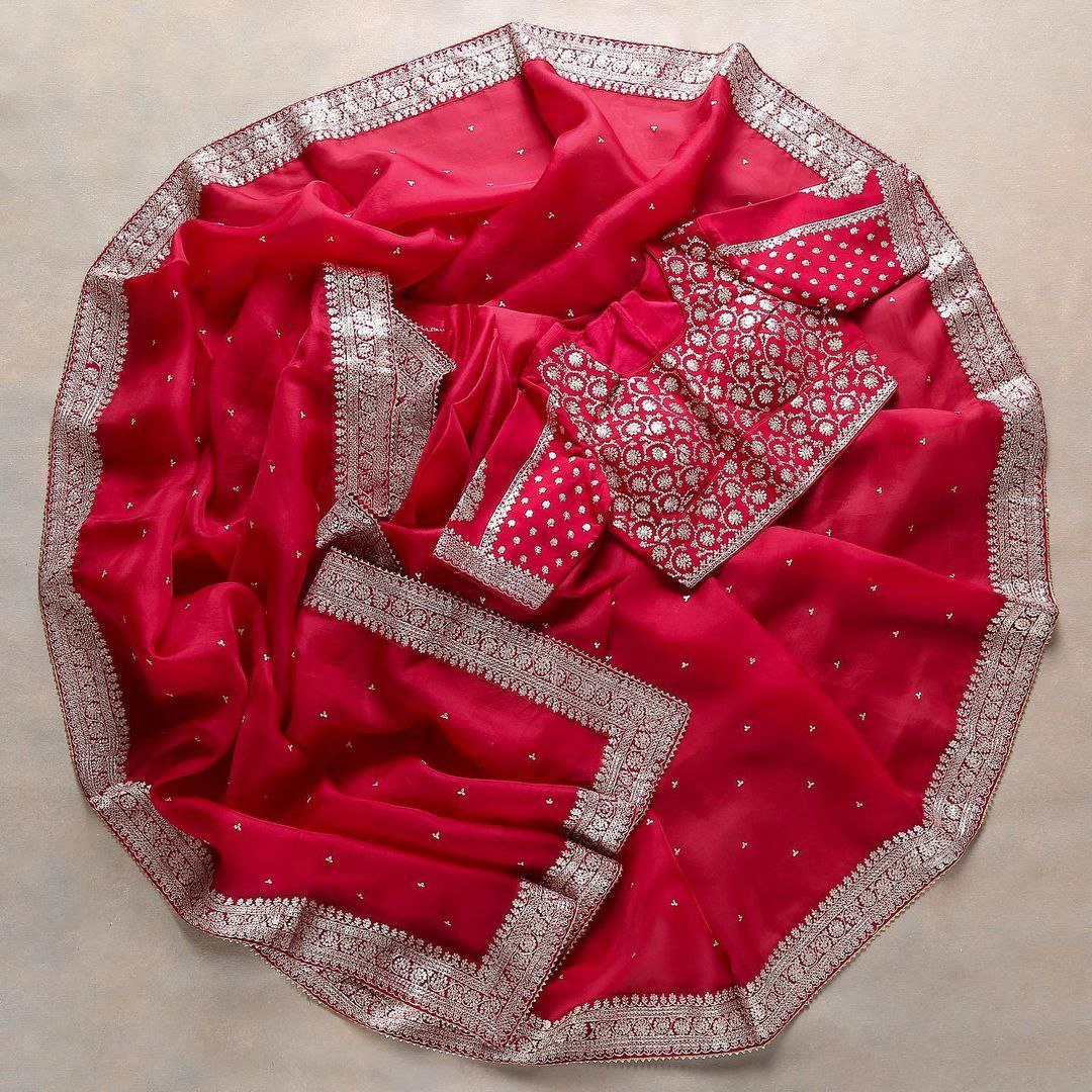 Red Saree In Rangoli Silk With Embroidery Work