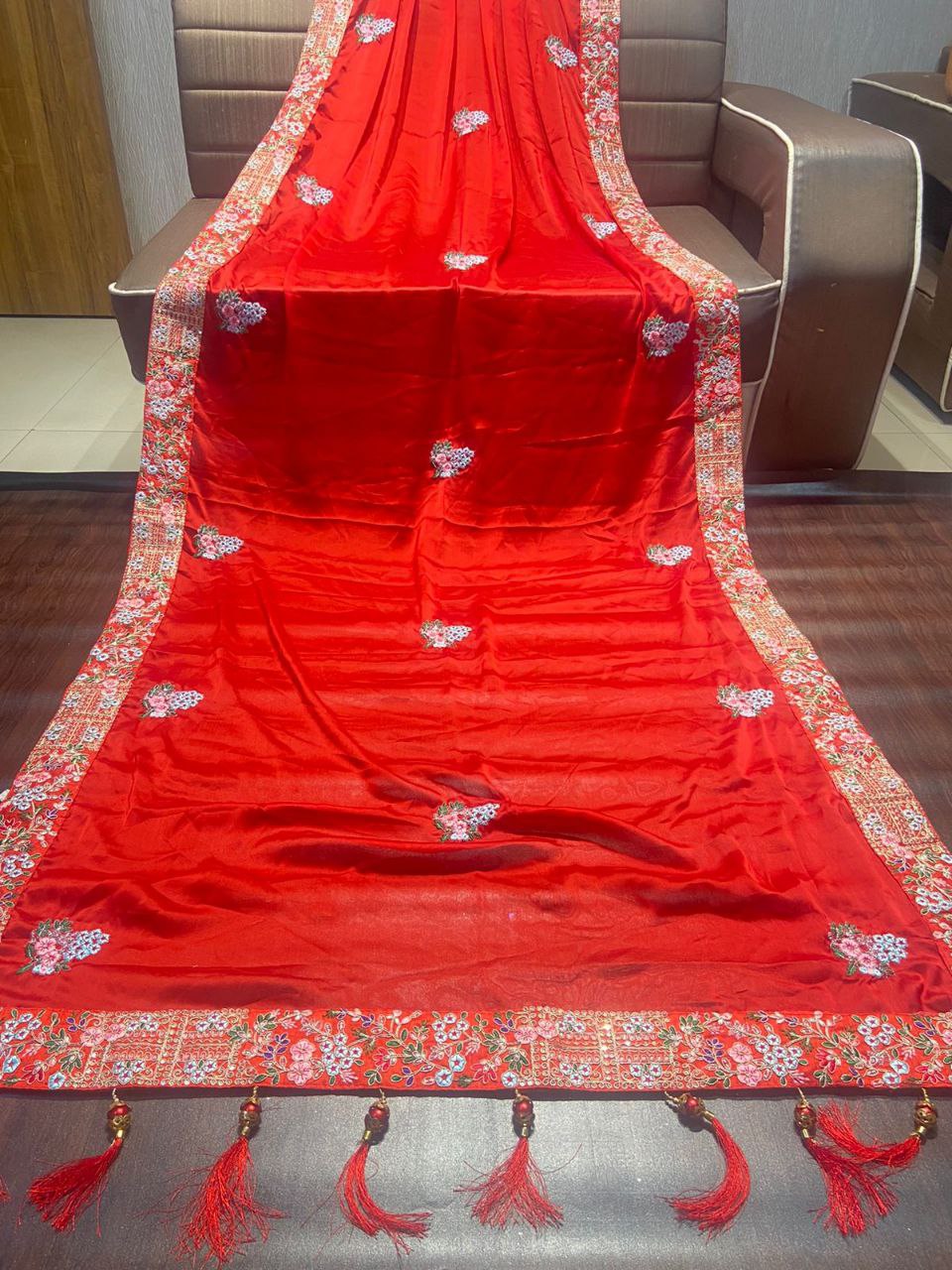 Red Saree In Rangoli Silk Heavy With Sequence Embroidery Work