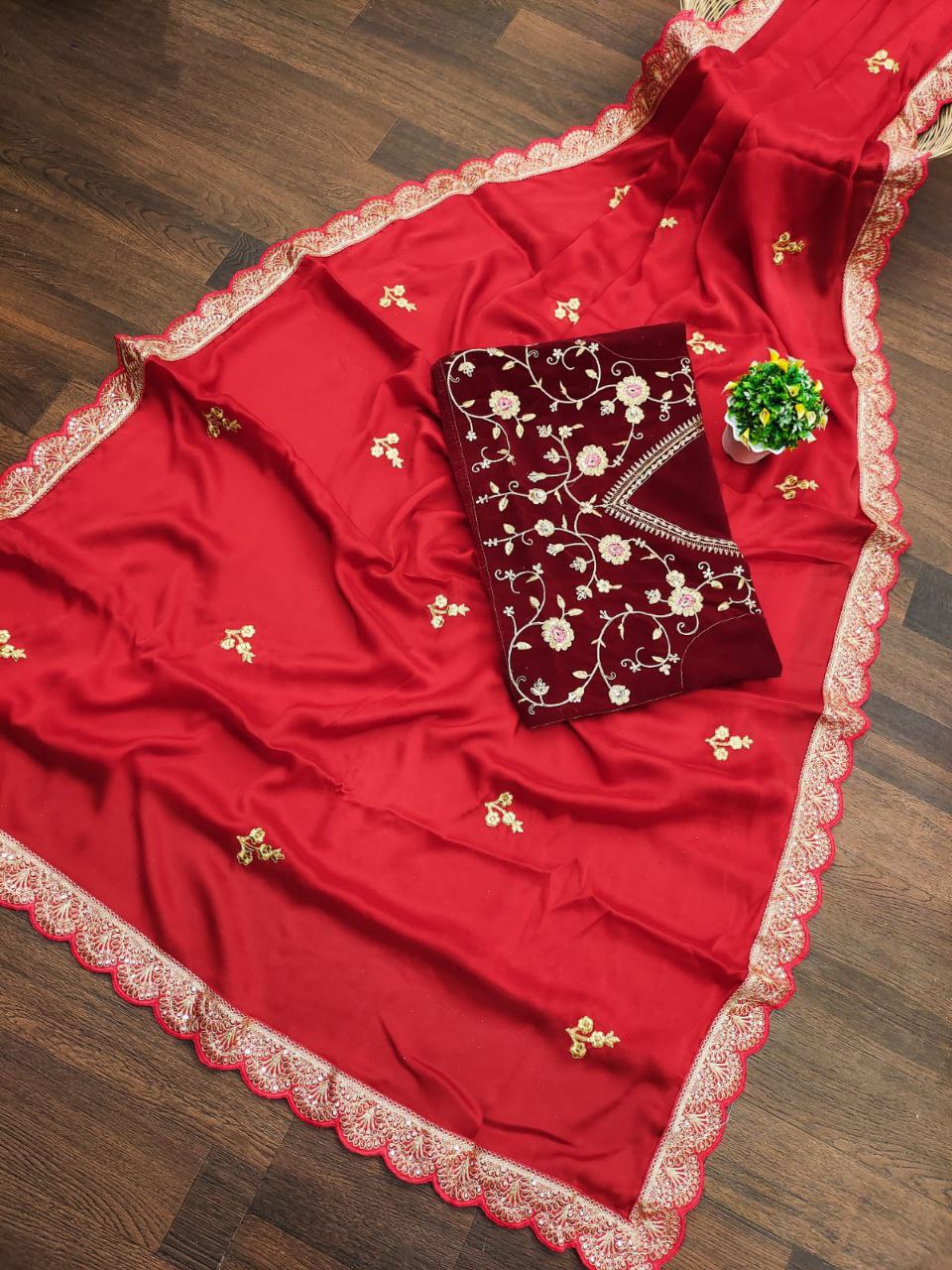 Red Saree In Rangoli Silk With Sequence Work