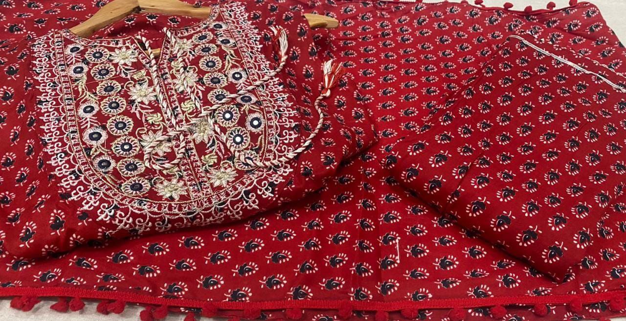 Red Sharara Suit In Ryon Cotton With Digital Print