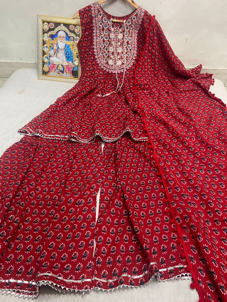 Red Sharara Suit In Ryon Cotton With Digital Print