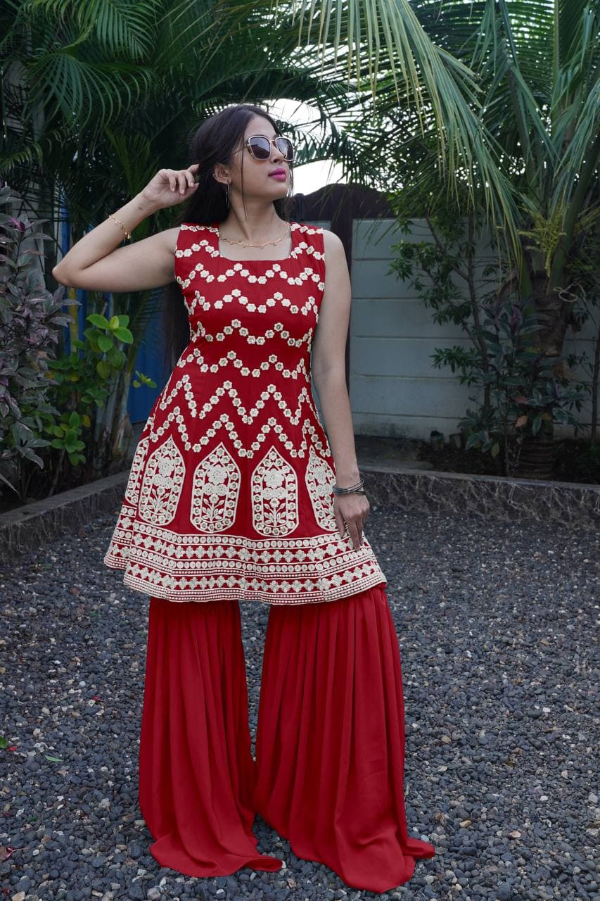 Red Salwar Suit In Fox Georgette With Embroidery Work