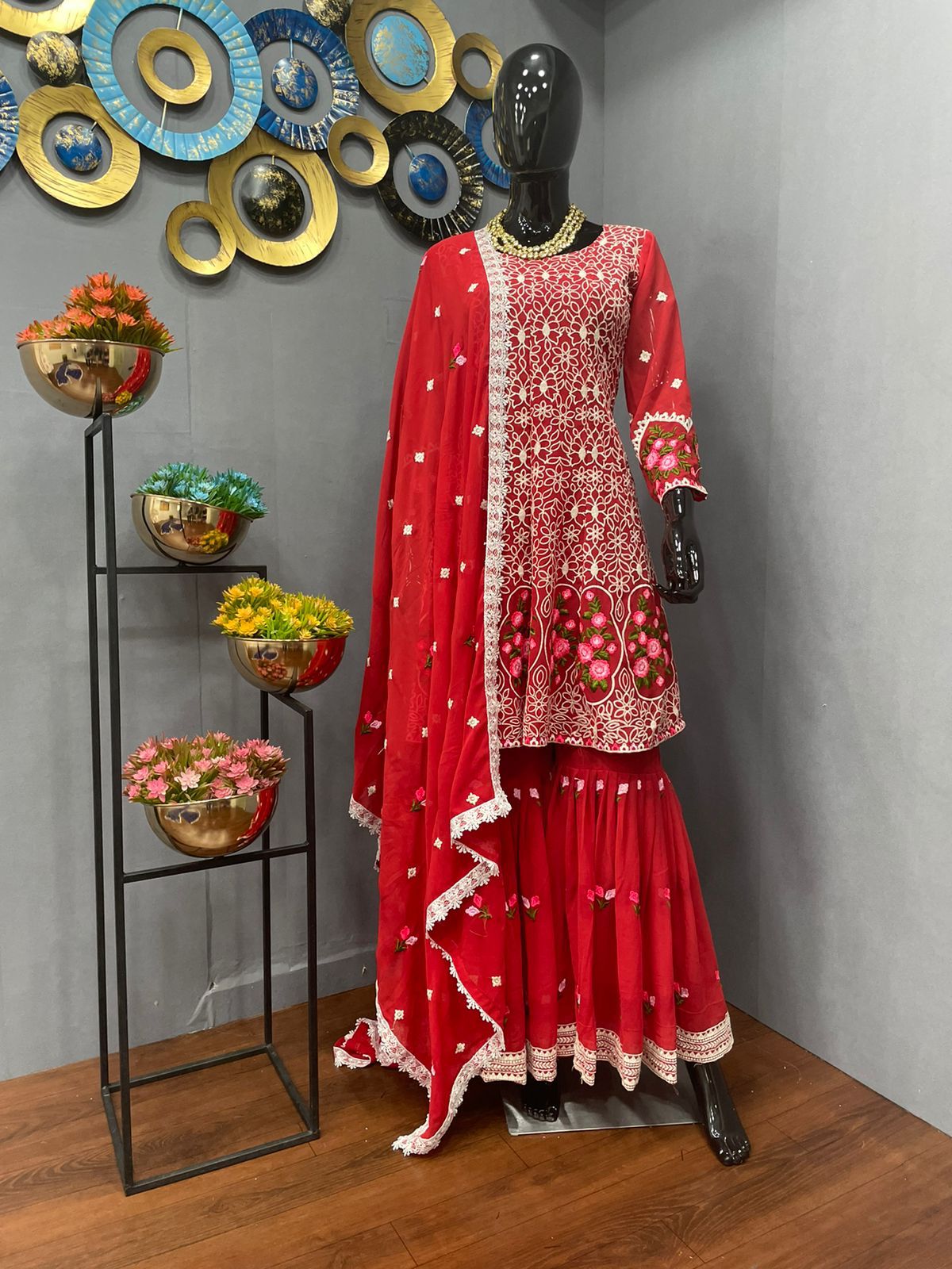 Red Salwar Suit In Georgette Silk With Embroidery Work