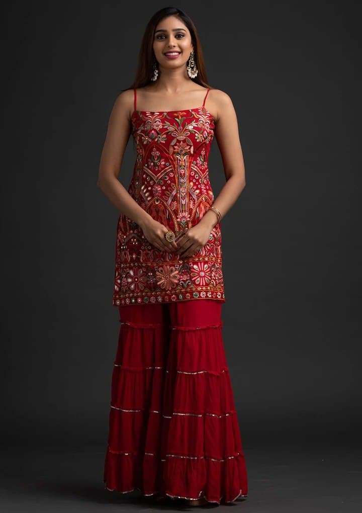 Red Salwar Suit In Georgette With Embroidery Work