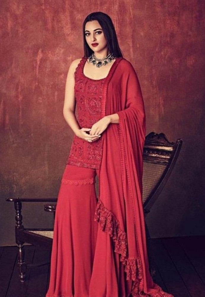 Red Salwar Suit In Georgette With Thread Embroidery Work
