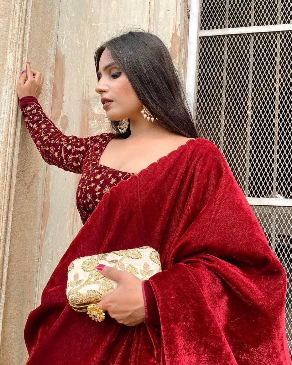Red Saree In 9000 Velvet With Heavy Embroidery Sequence Work