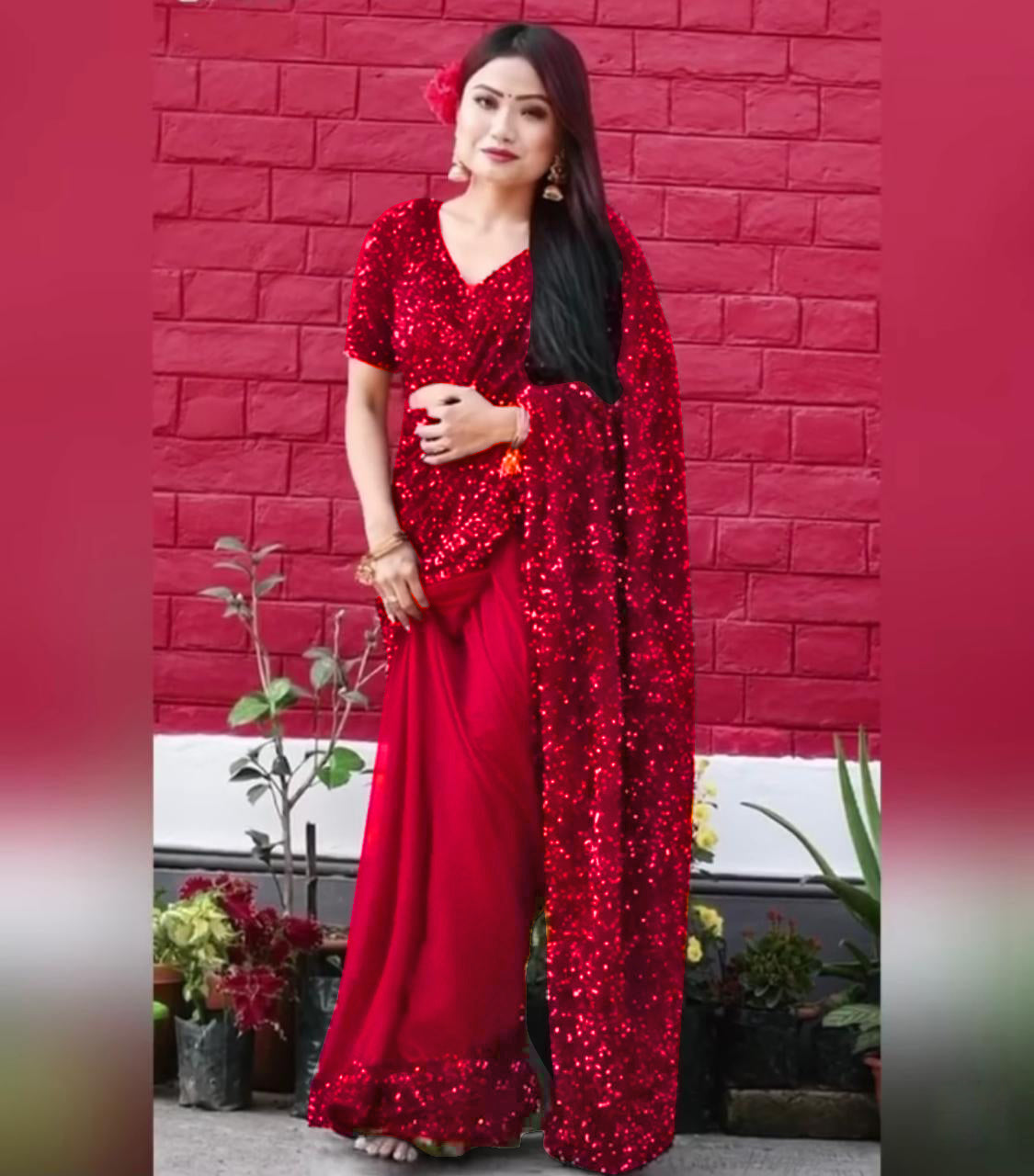 Red Saree In Georgette Nylon Mono Net With Full Sequence Work