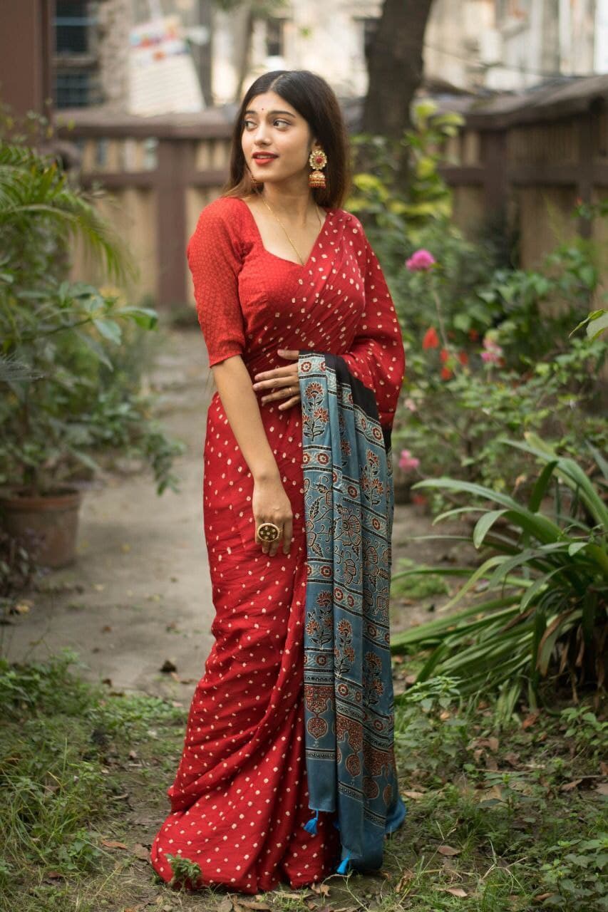 Red Saree In Heavy Satin Silk With Digital Print