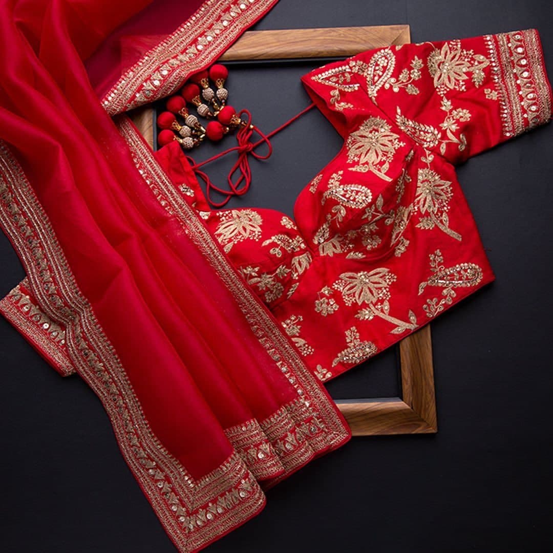 Red Saree In Organza Silk With Cording Sequence Work