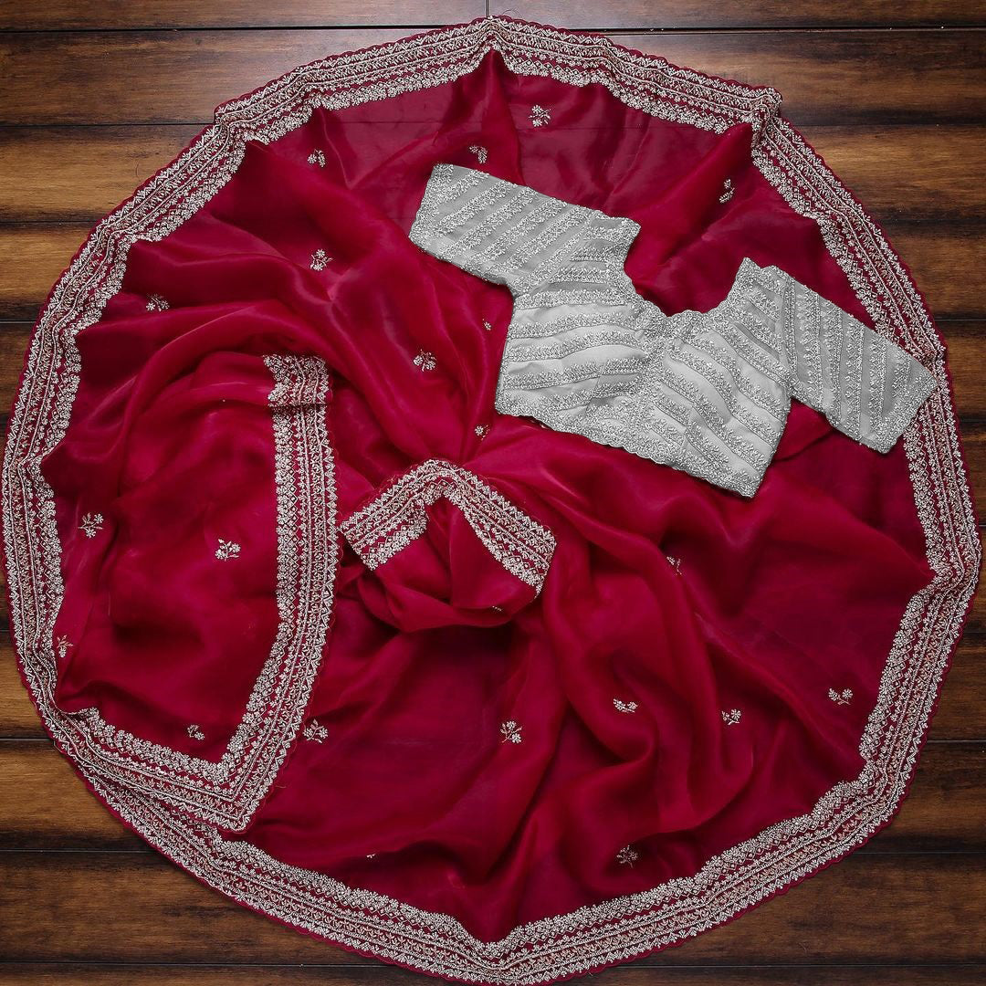 Red Saree In Organza Silk With Sequence Work