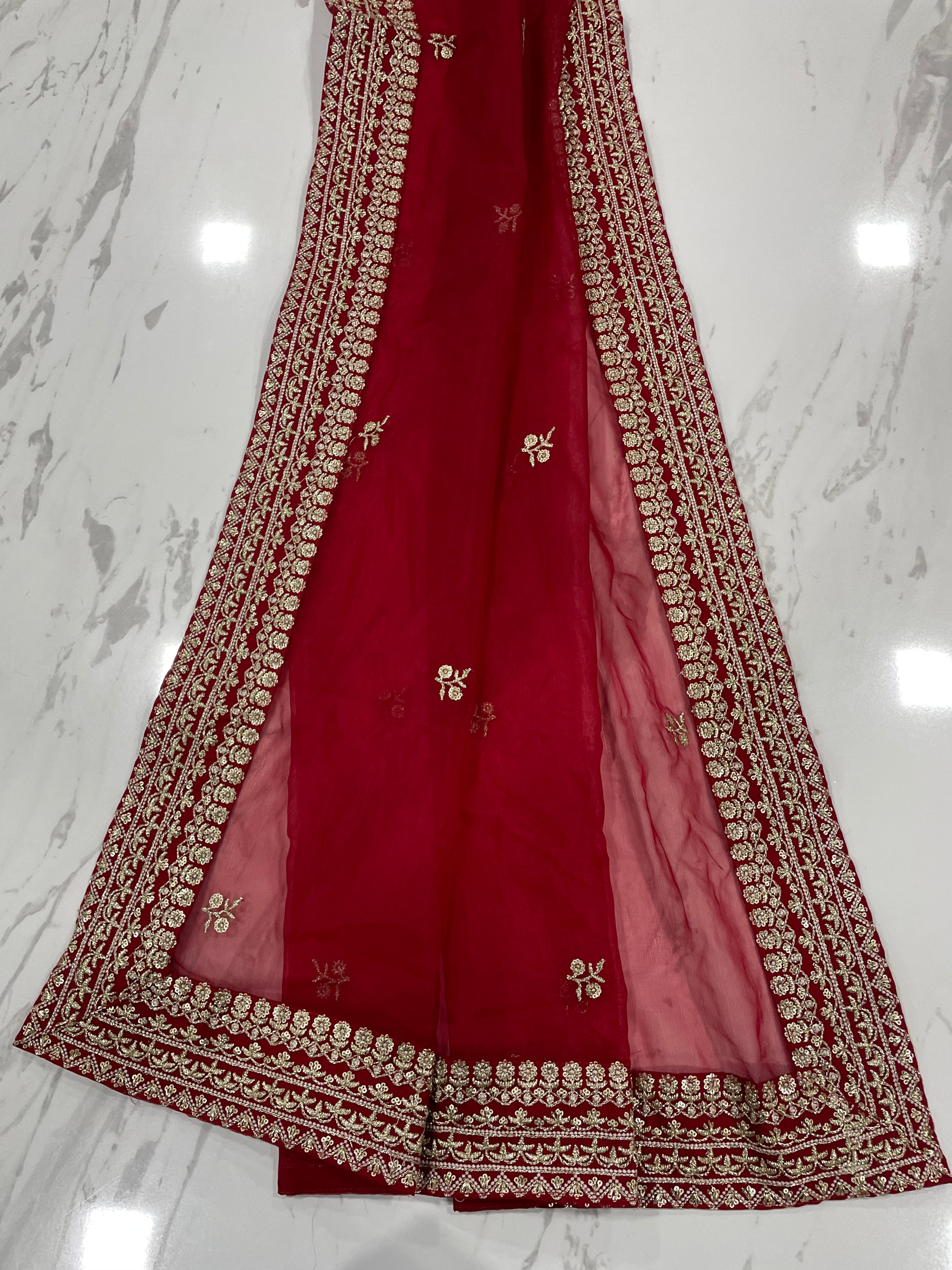 Red Saree In Organza Silk With Sequence Work