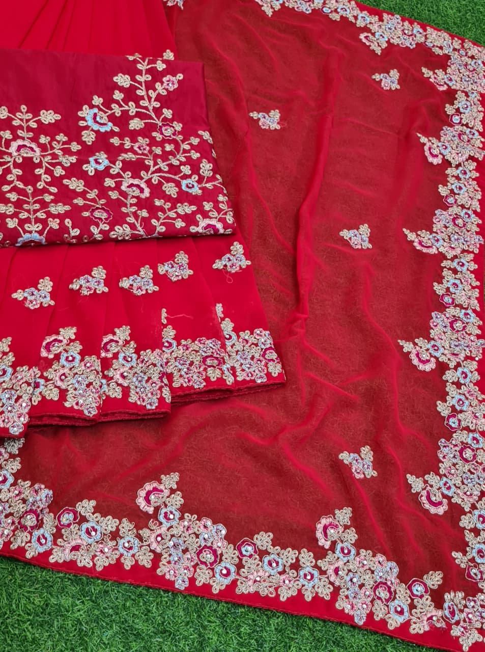Red Saree In Rangoli Georgette Silk With Fancy Thread Work