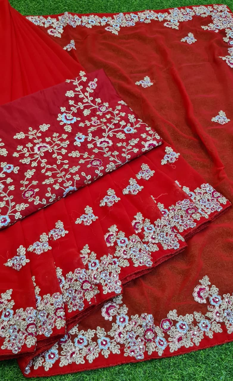 Red Saree In Rangoli Georgette Silk With Fancy Thread Work
