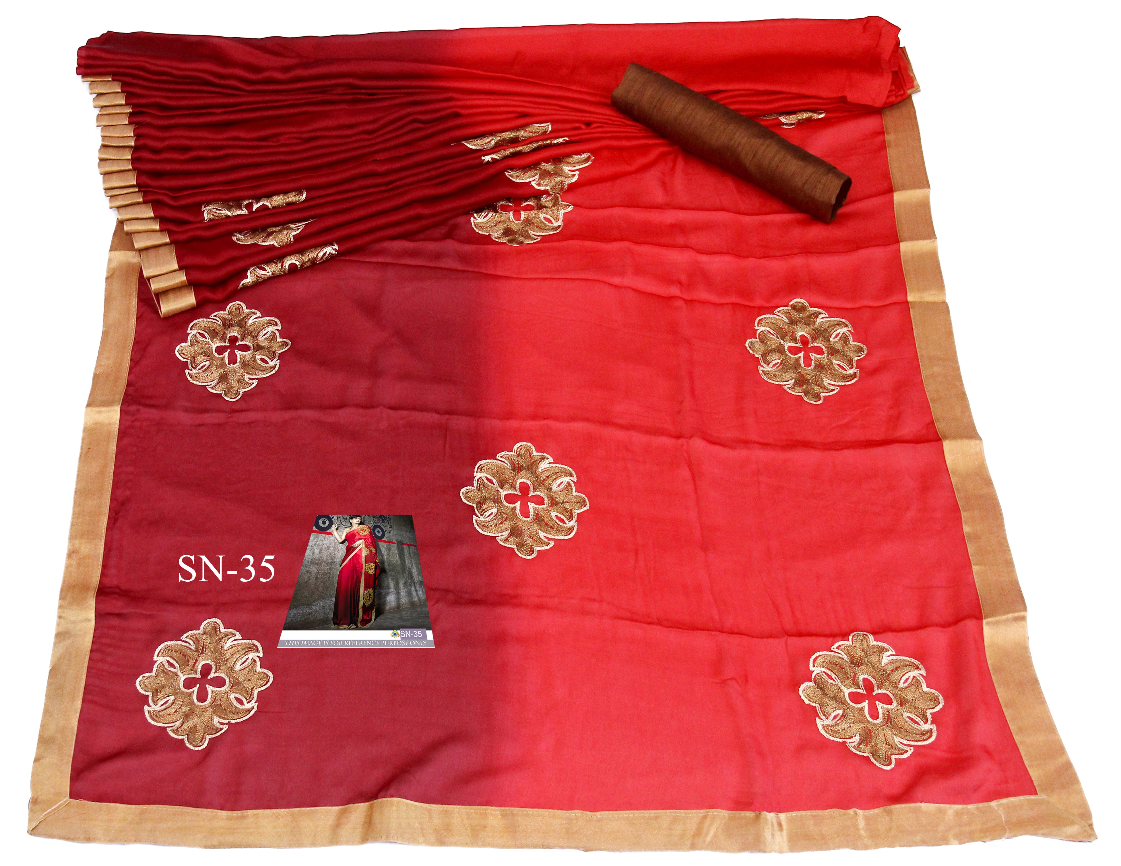 Red Saree In Satin Silk Padding Georgette With Chain Stitch Work