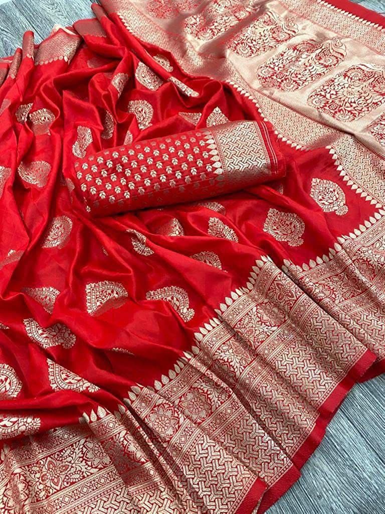 Red Saree In Soft Lichi Silk With Kanchipuram