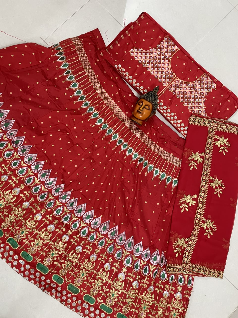 Red Lelenga Choli In Taffeta Butti Silk With Embroidery Work