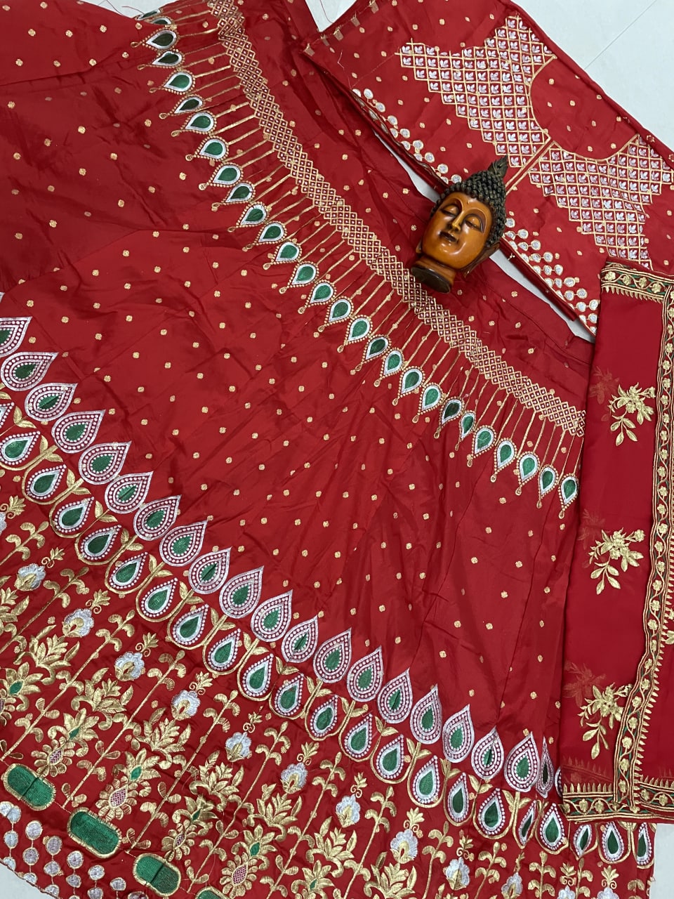 Red Lelenga Choli In Taffeta Butti Silk With Embroidery Work