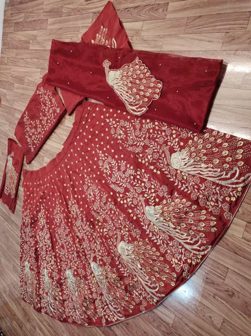 Red Lehenga Choli In Taffeta Silk With Embroidery Work