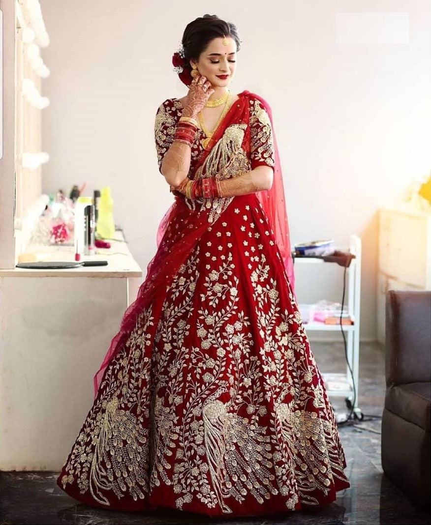 Red Lehenga Choli In Taffeta Silk With Embroidery Work