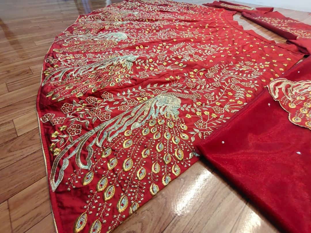 Red Lehenga Choli In Taffeta Silk With Embroidery Work