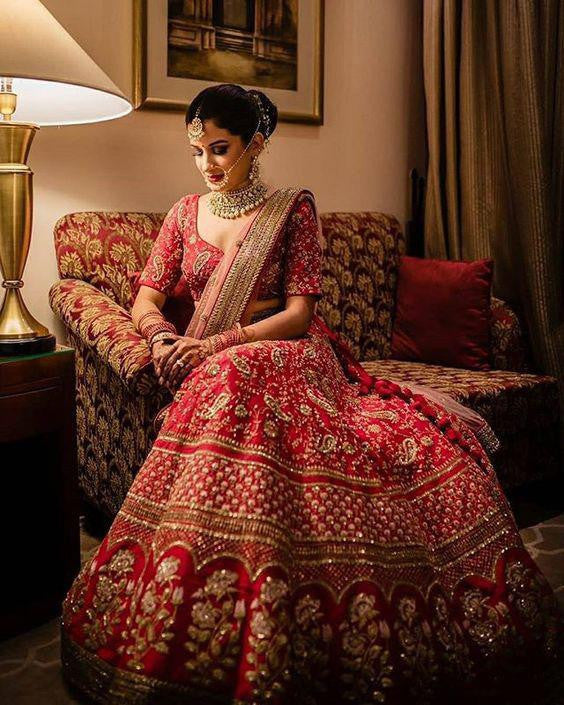 Red Lehenga Choli In Taffeta Silk With Embroidery Work