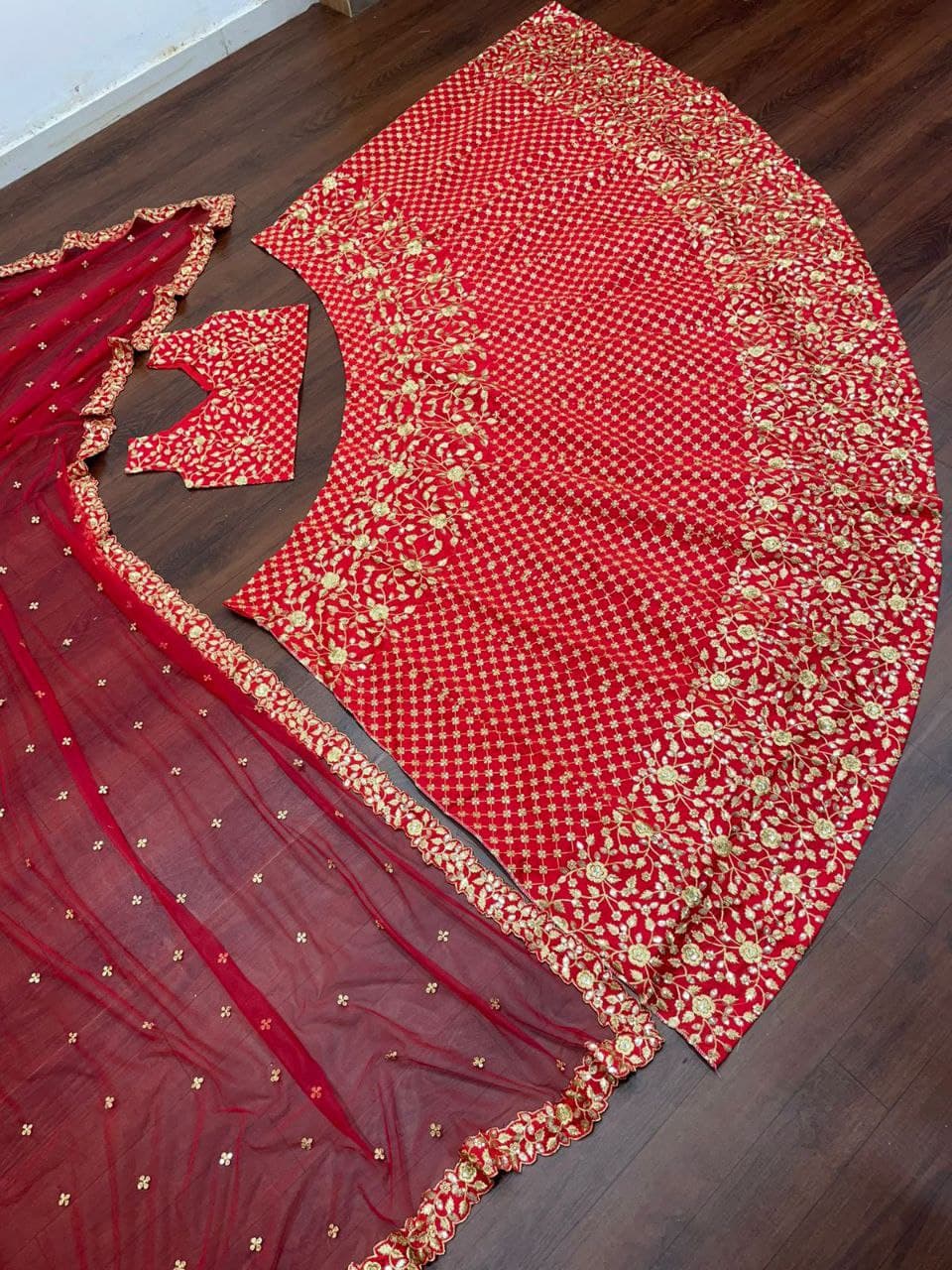 Red Lehenga Choli In Taffeta Silk With Embroidery Work