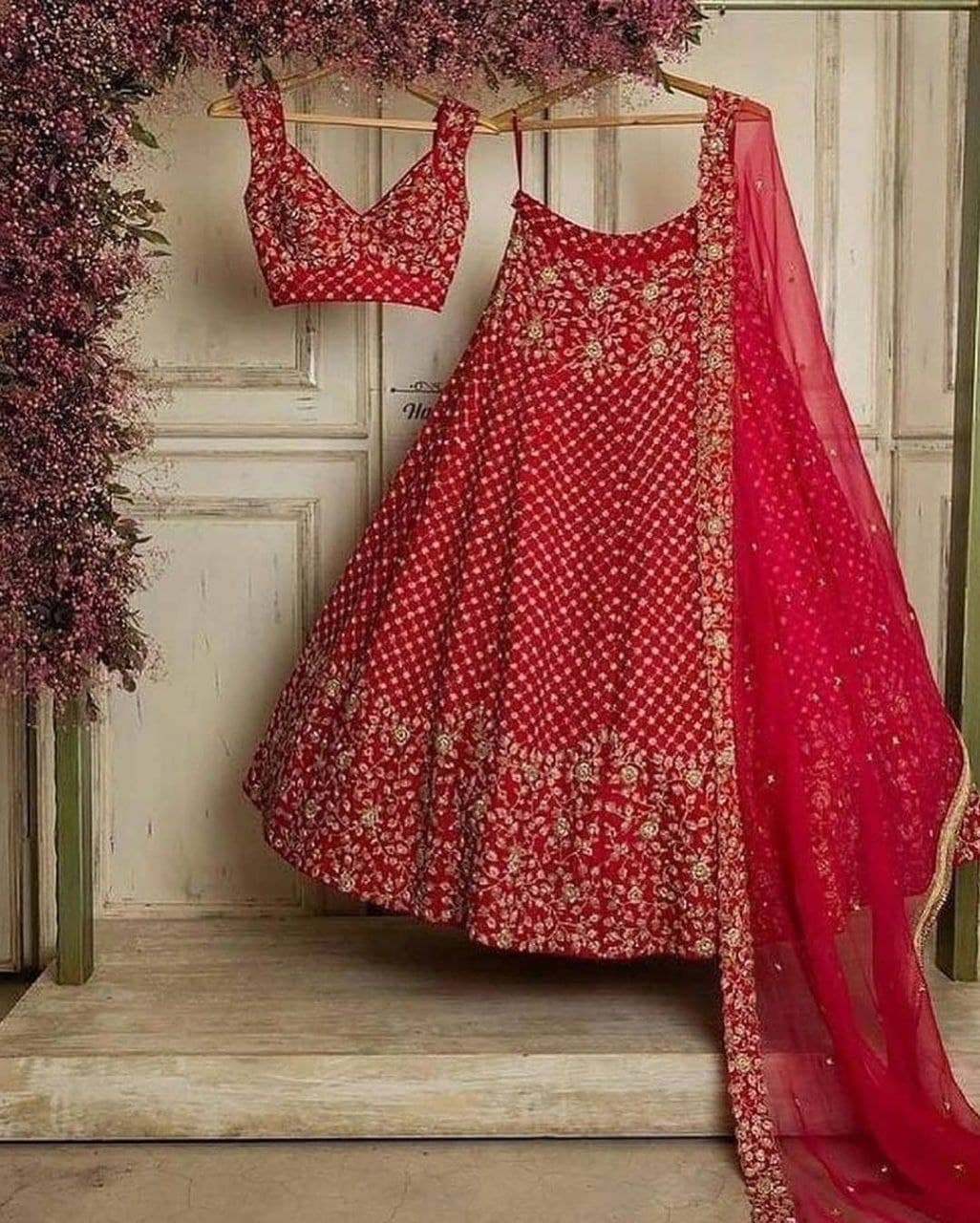 Red Lehenga Choli In Taffeta Silk With Embroidery Work