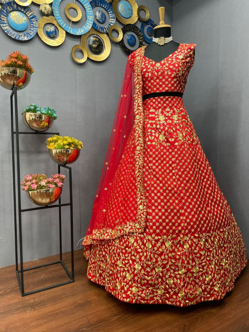 Red Lehenga Choli In Taffeta Silk With Embroidery Work