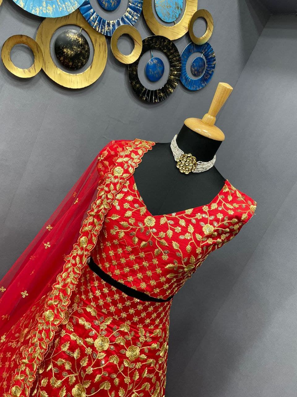 Red Lehenga Choli In Taffeta Silk With Embroidery Work