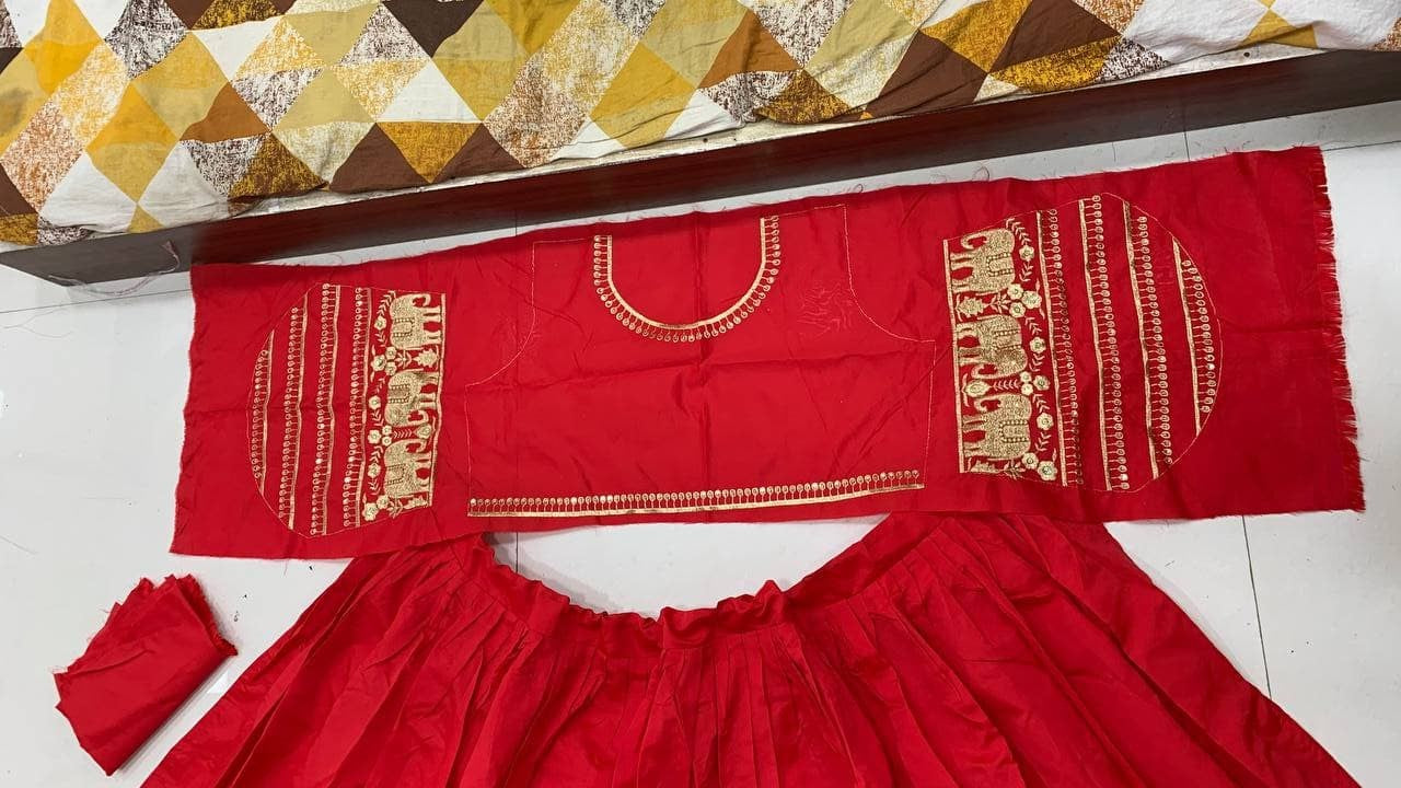 Red Lehenga Choli In Taffeta Silk With Sequence Work