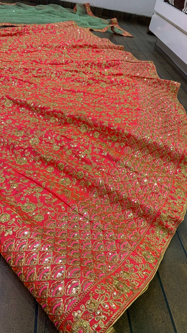 Red Lehenga Choli In Two Tone Silk With Thread Work