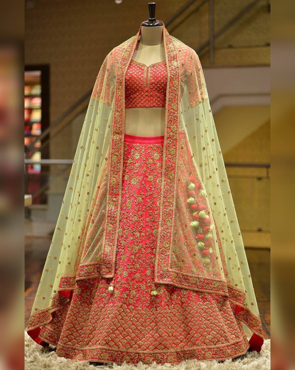 Red Lehenga Choli In Two Tone Silk With Thread Work