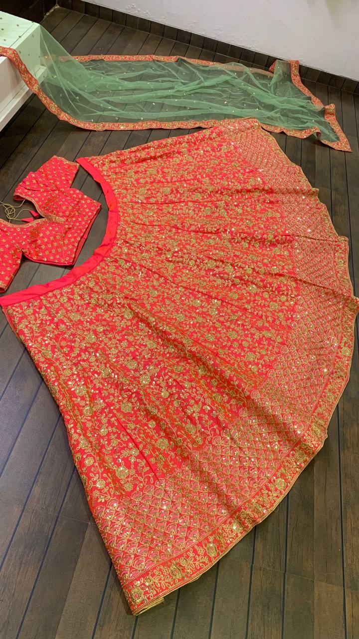 Red Lehenga Choli In Two Tone Silk With Thread Work