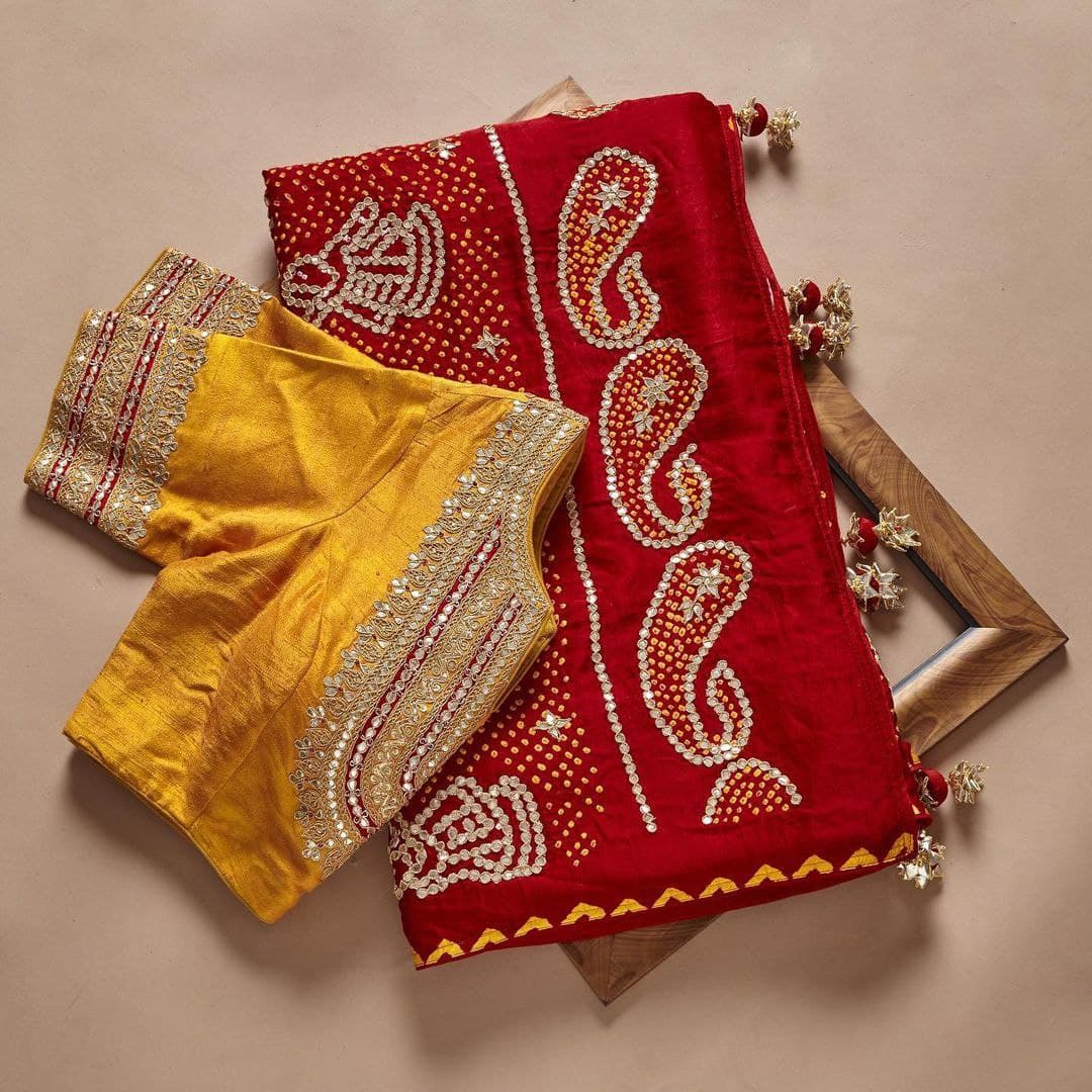 Red Saree In Vichitra Silk With Digital Print