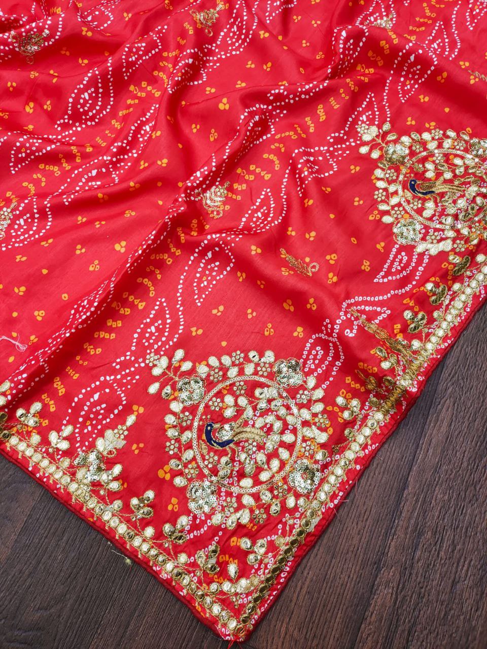 Red Saree Vichitra Slik With Embroidery Work