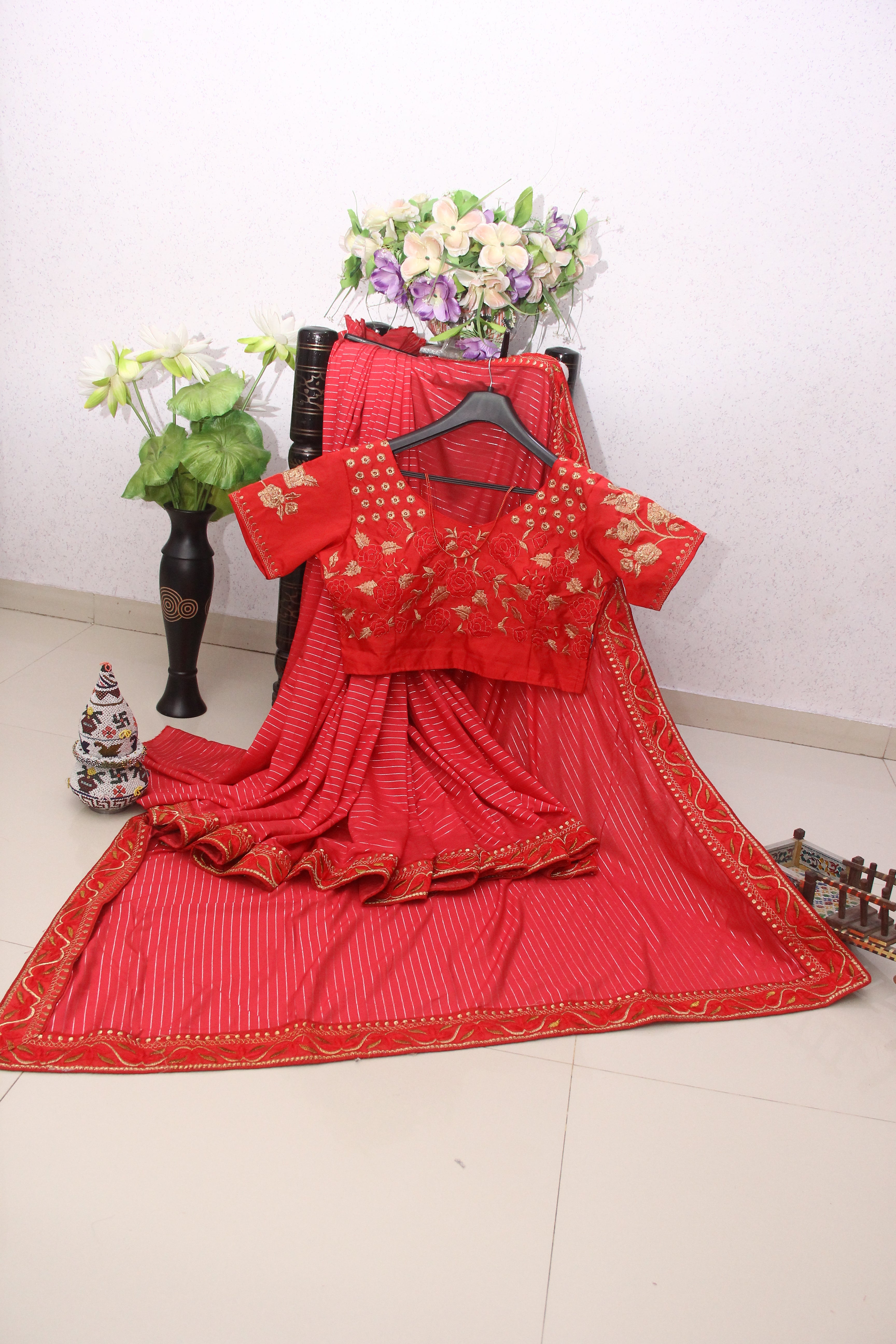 Red Saree In Zari Linen Cotton Silk With Fancy Thread Work