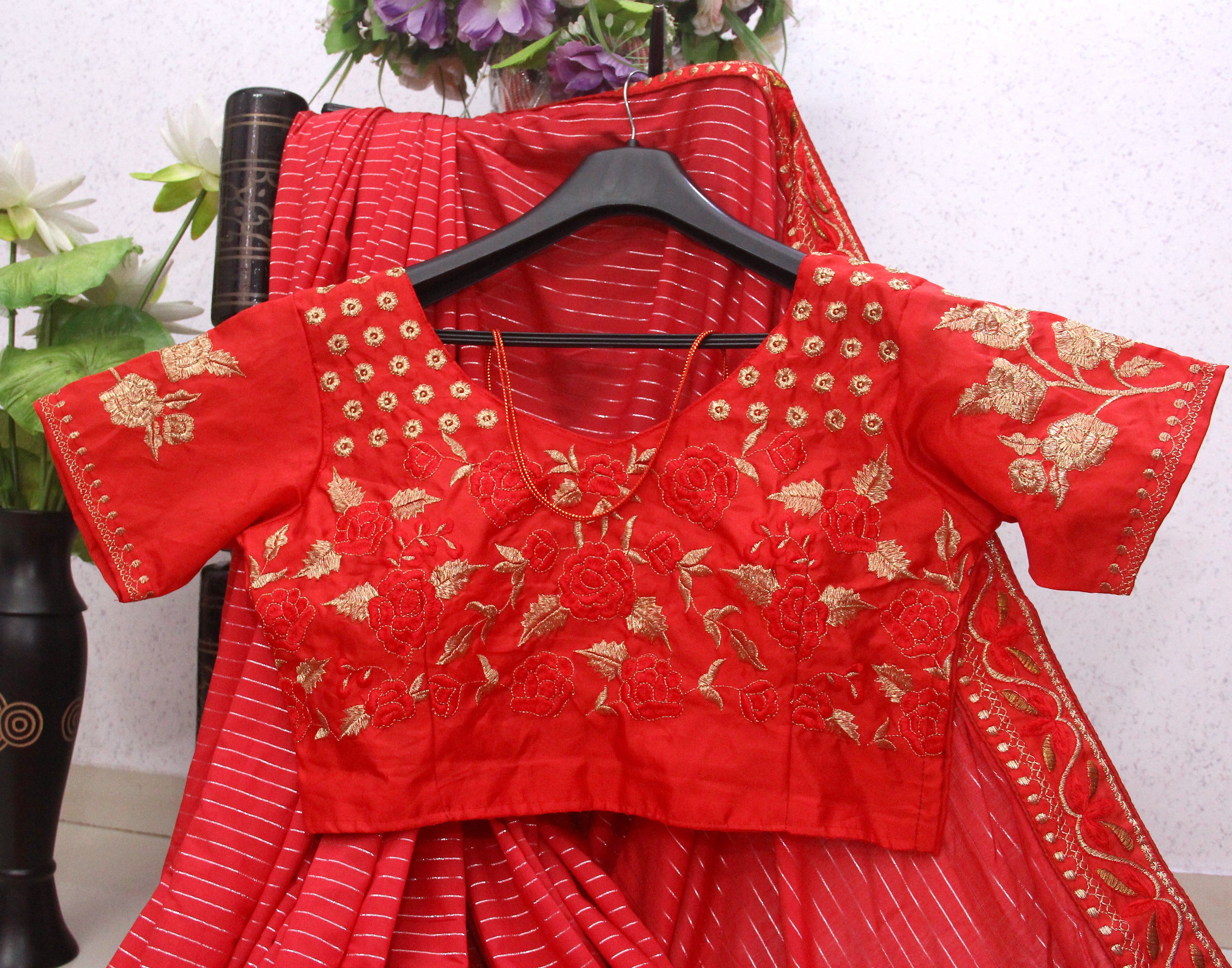 Red Saree In Zari Linen Cotton Silk With Fancy Thread Work