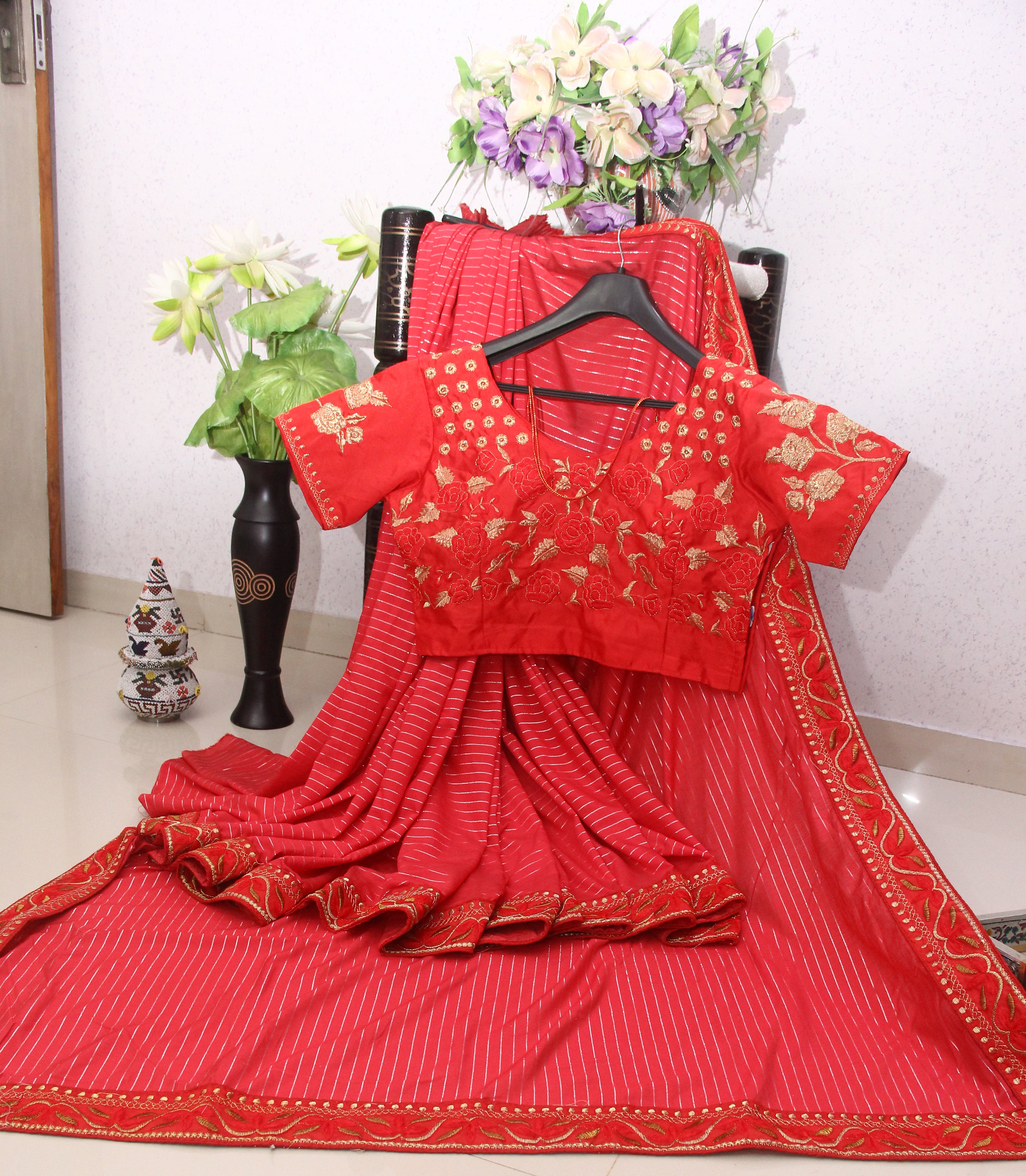 Red Saree In Zari Linen Cotton Silk With Fancy Thread Work