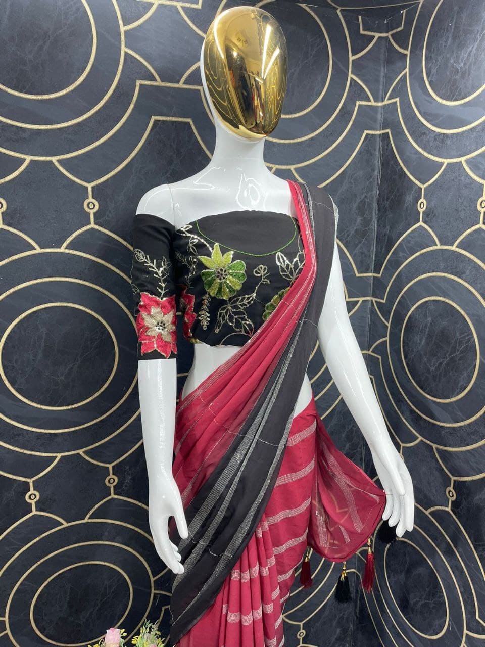 Red, Black Saree In Georgette Silk With Digital Print