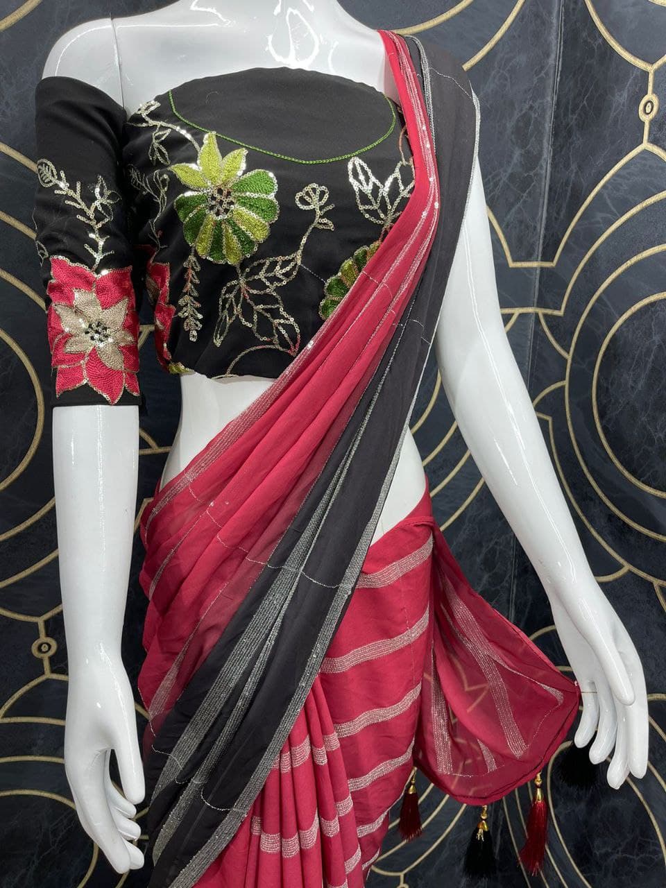 Red, Black Saree In Georgette Silk With Digital Print