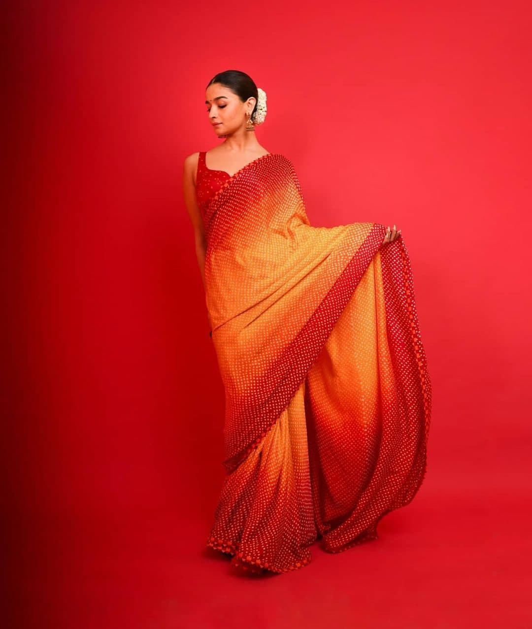 Red,Orange Saree In Satin Silk With Digital Print