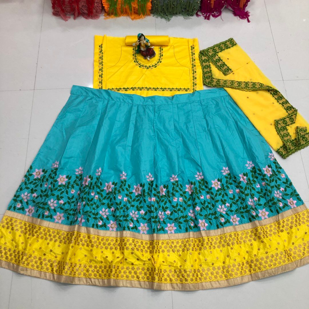 Firozi Lehenga Choli In Malai Satin Silk With Embroidery Work