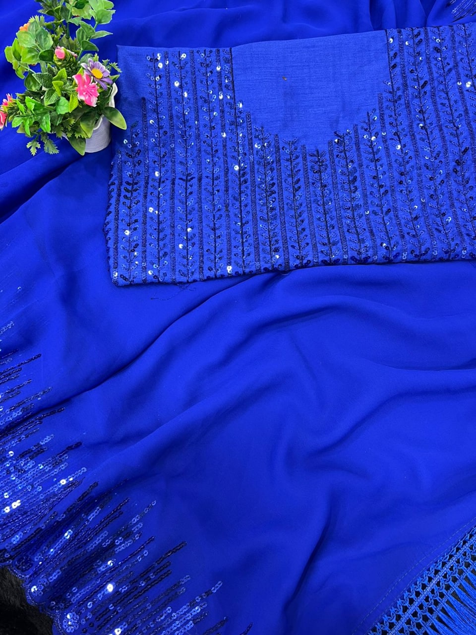 Royal Blue Saree In Georgette Silk With Fancy Sequence Work