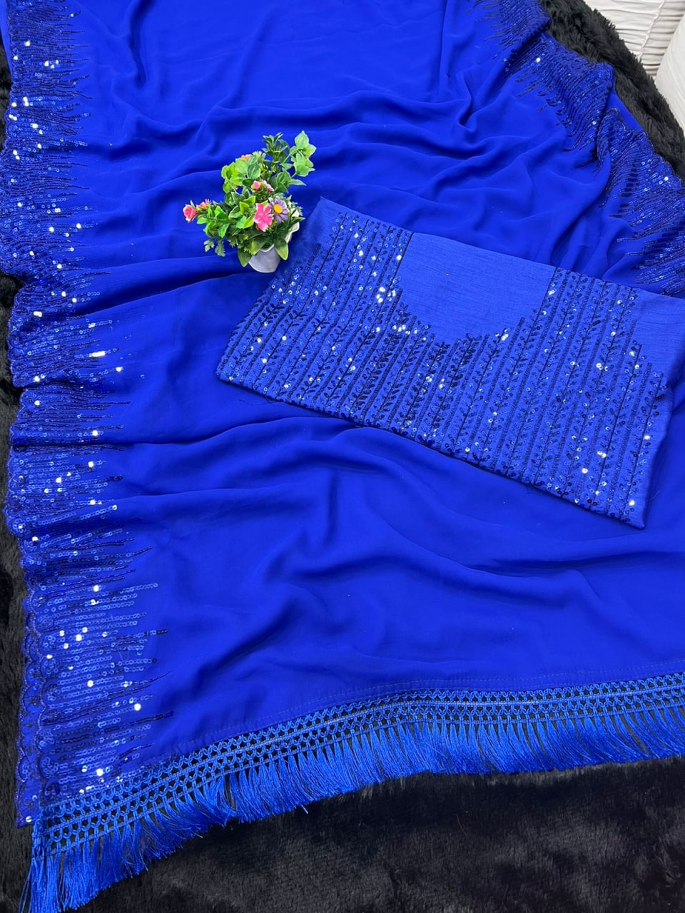 Royal Blue Saree In Georgette Silk With Fancy Sequence Work