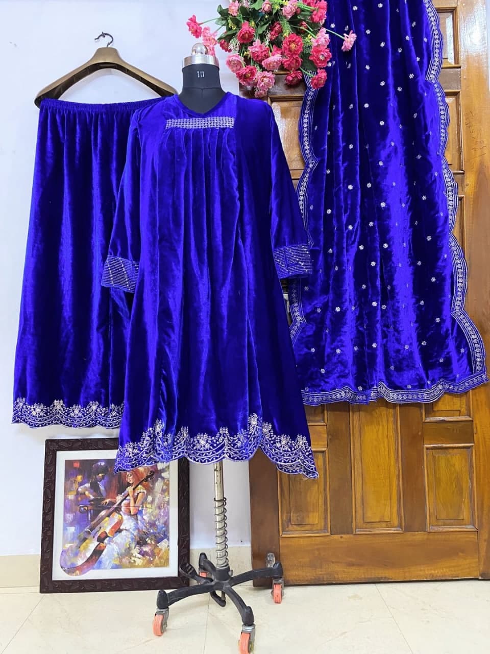 Royal Blue Salwar Suit In Heavy 9000 Velvet With Zari Embroidery Work