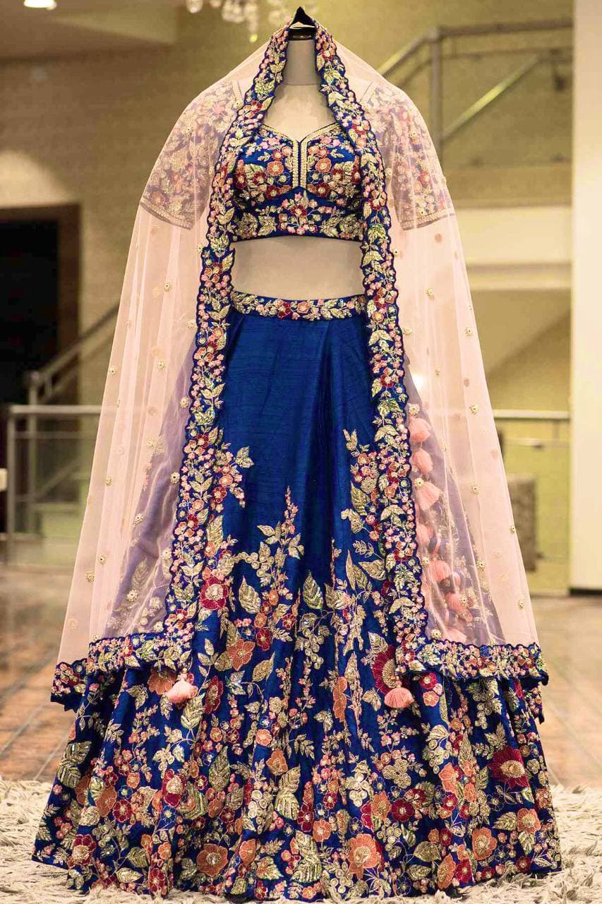 Royal Blue Lehenga Choli In Jalbari Satin Silk With Multi Embroidery Work